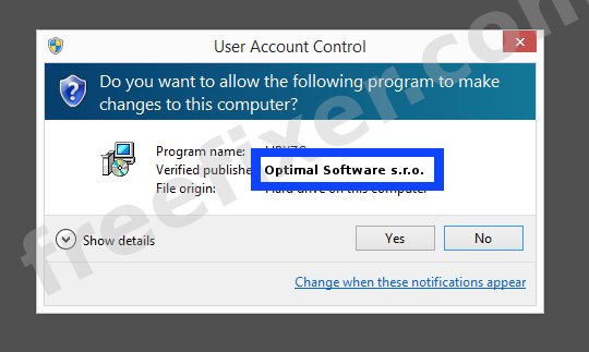 Screenshot where Optimal Software s.r.o. appears as the verified publisher in the UAC dialog